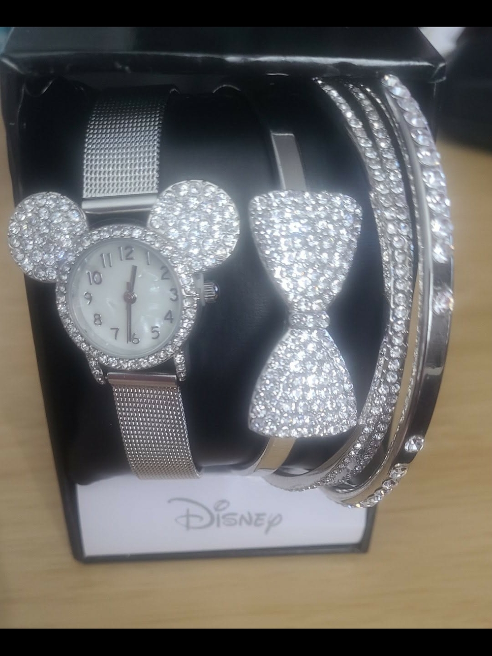 Disney- Silver Crystal Minnie Ear Watch & Bracelet Set NIB